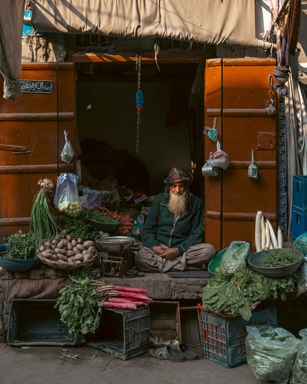 Early morning street photography in Bhaati Gate, Lahore. A vegetable seller framed by his stall and a small sign asking customers not to ask for credit.