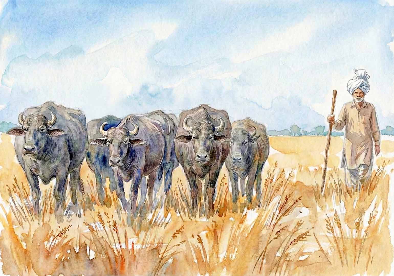 A digital watercolour study based on my photograph with a small herd moving through stubble fields after a paddy harvest.