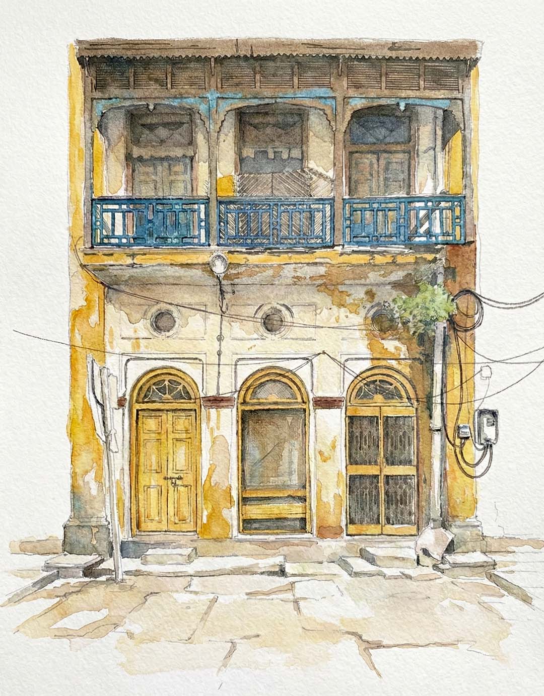 Digital watercolor style sketch of a two storey home in Gandhi Square, Gawalmandi, Lahore, with ochre walls, arched doorways, and a blue balcony railing.