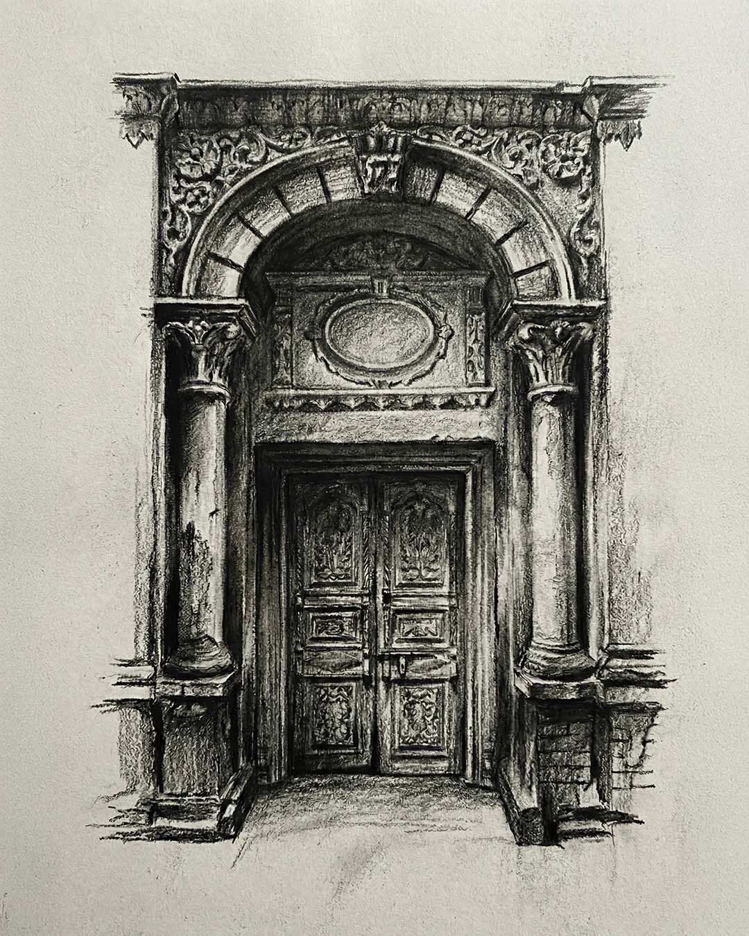 A digital charcoal sketch of the Gawalmandi timber doors and stucco arch.