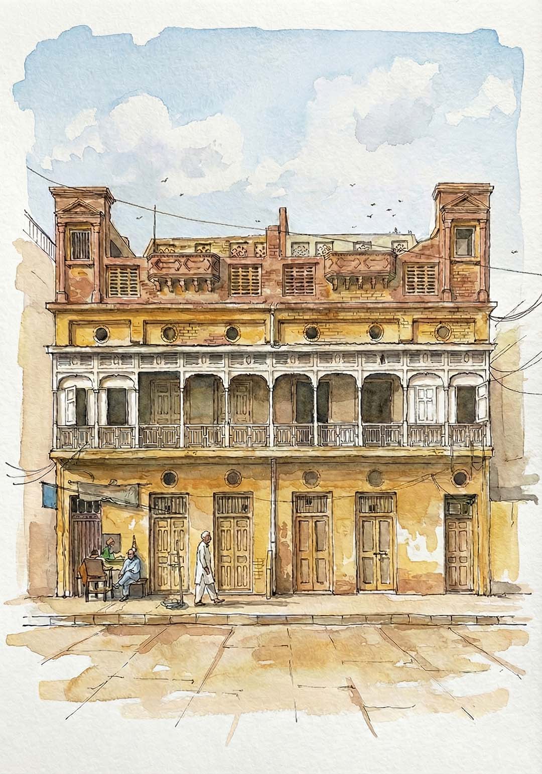 Digital watercolor style sketch based on a 2018 photograph of a heritage building on Lodge Road, Lahore, with an ochre facade, a white colonnaded veranda, and people seated in the shade.