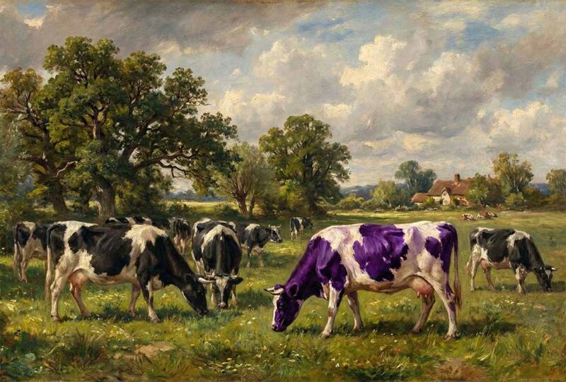 A painting in the style of John Constable with a purple cow