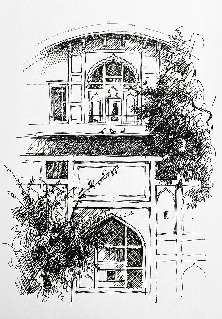 A digtal sketch featuring the Naulakha Pavilion and the Picture Wall of the Lahore Fort.
